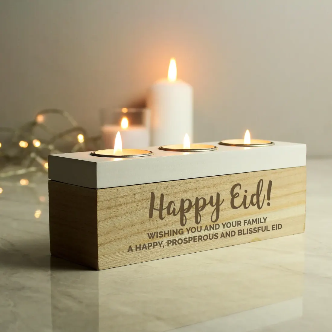 Personalised Wooden Triple Tea Light Box, Custom Engraved Candle Holder with White Top — photo 4
