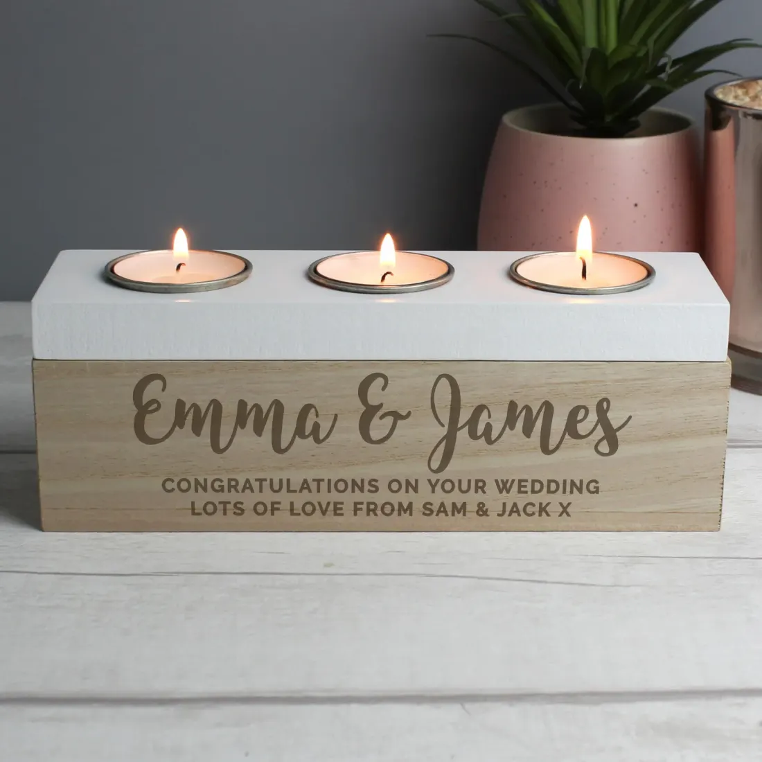 Personalised Wooden Triple Tea Light Box, Custom Engraved Candle Holder with White Top — photo 5