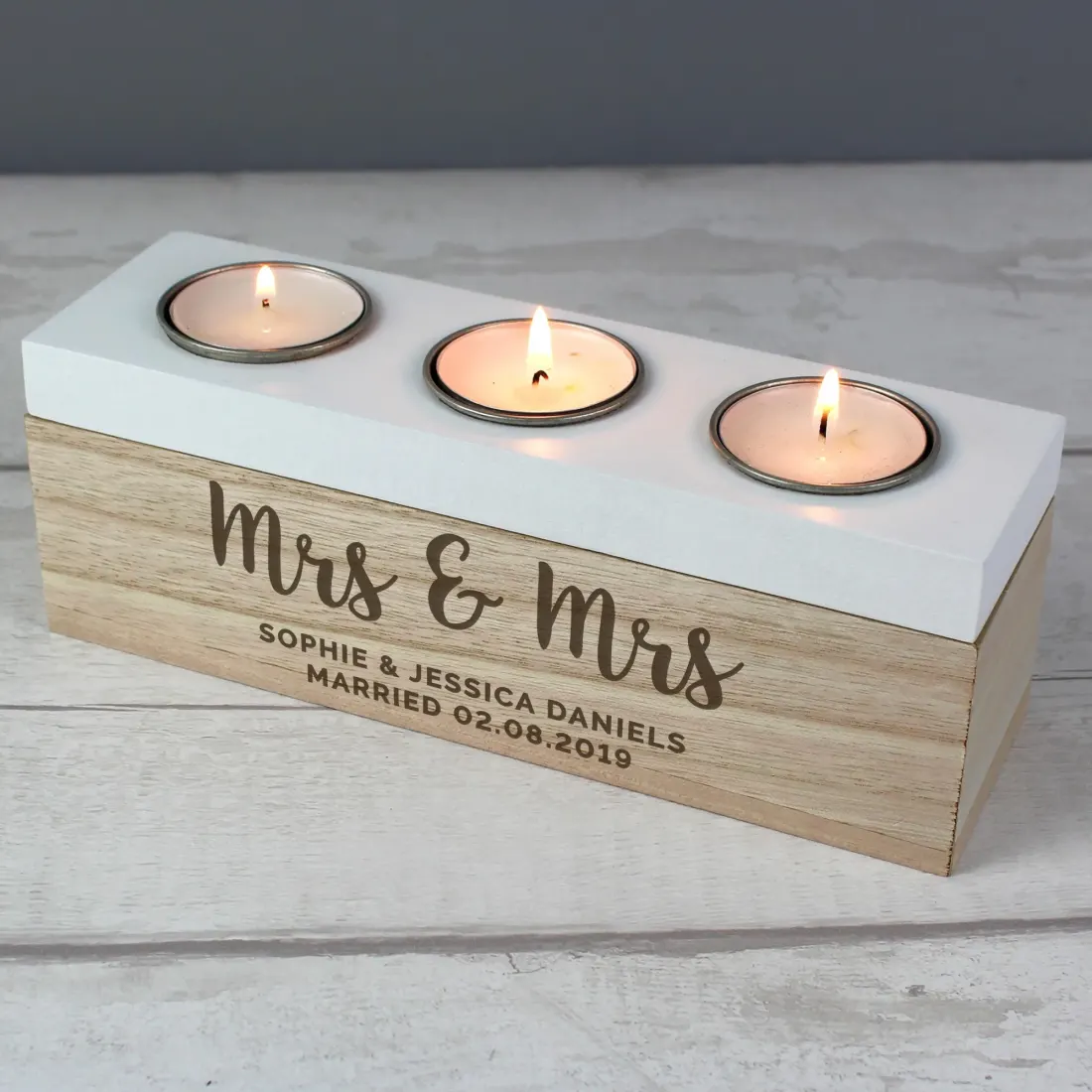 Personalised Wooden Triple Tea Light Box, Custom Engraved Candle Holder with White Top — photo 6