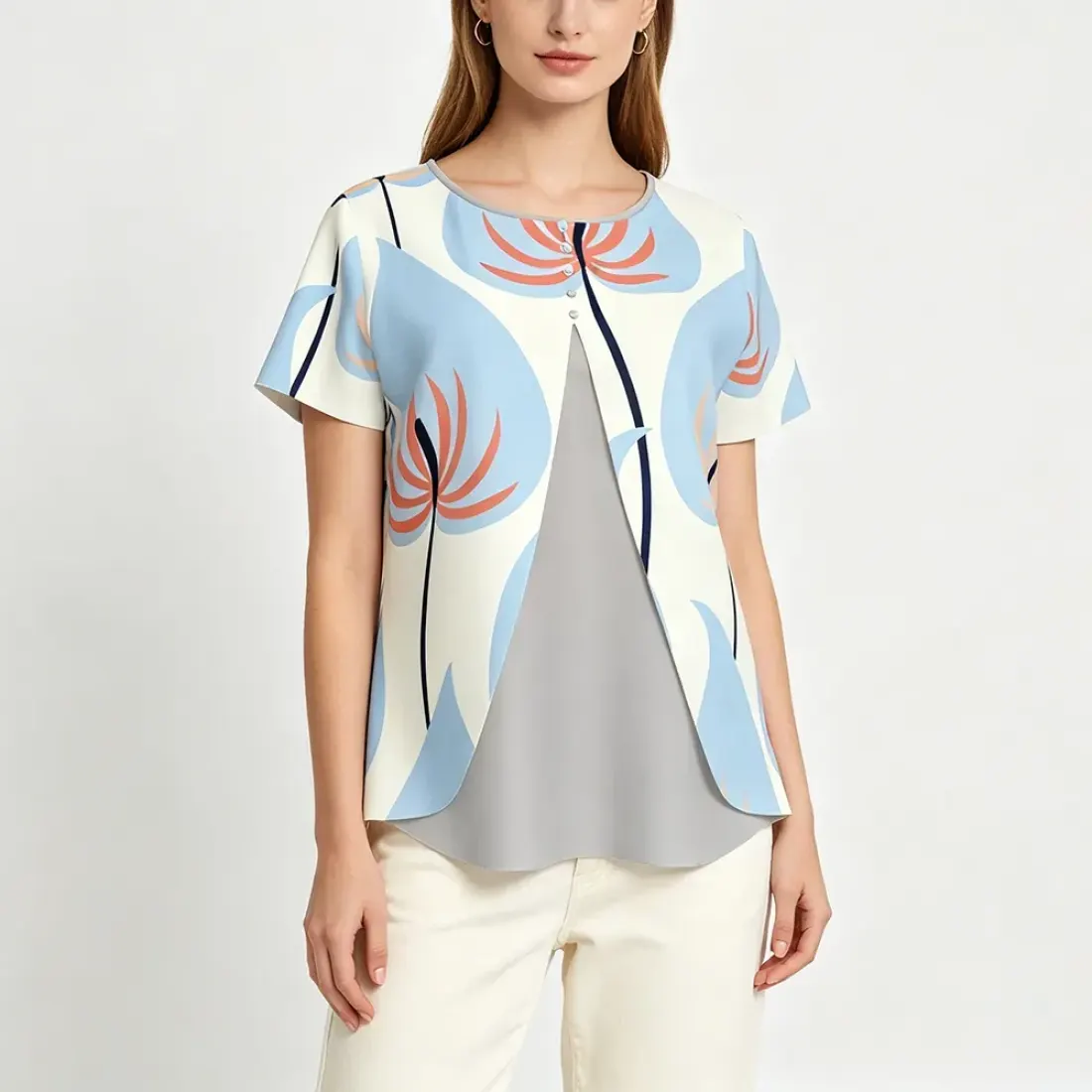 Women's Layered Front Shirt with Decorative Button