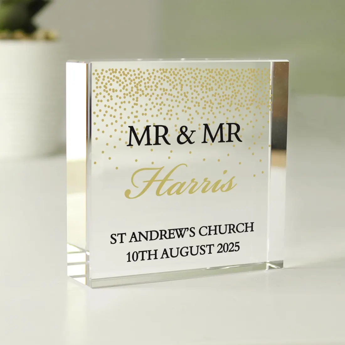 Personalised Gold Confetti Crystal Token, Custom Glass Keepsake, Wedding Anniversary Gift UK — photo 3