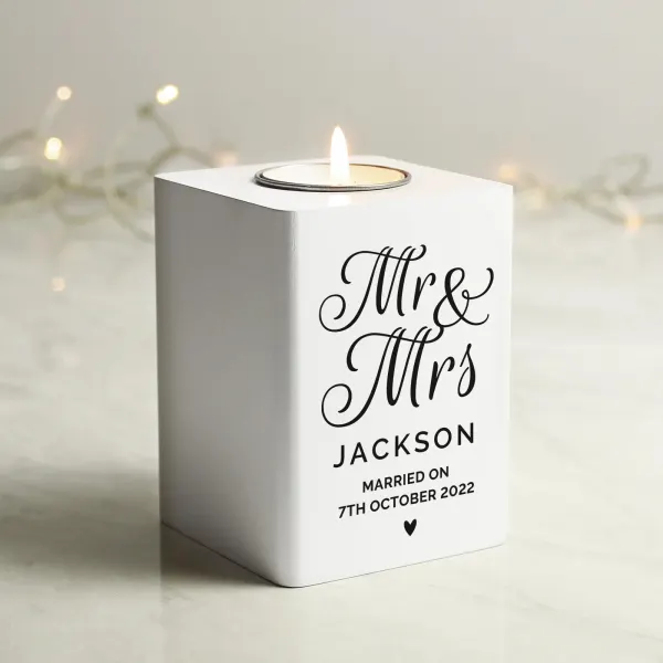 Mr and Mrs White Wooden Tea Light Holder, Personalised Wedding Keepsake Candle Holder