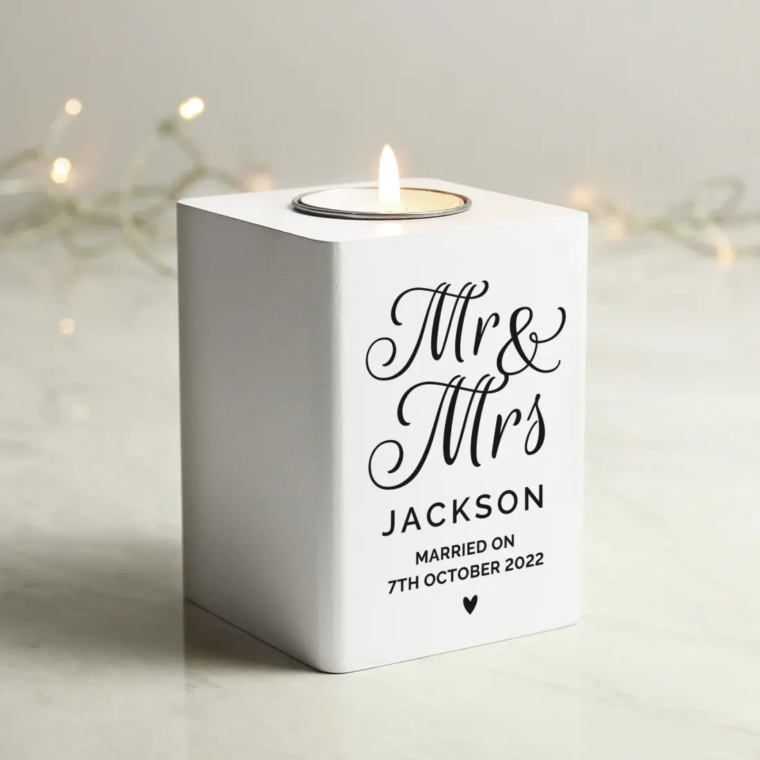 Mr and Mrs White Wooden Tea Light Holder, Personalised Wedding Keepsake Candle Holder