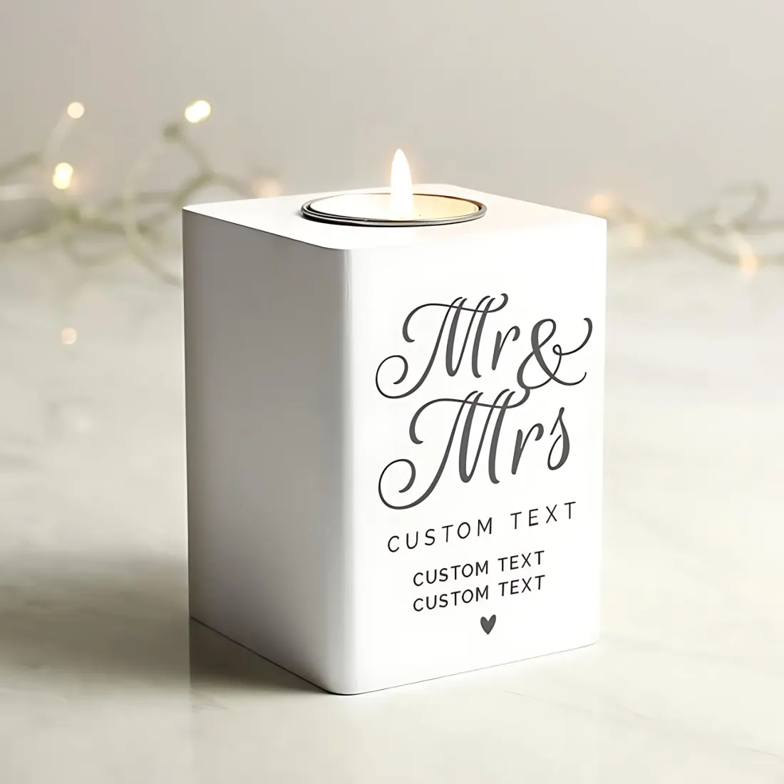 Mr and Mrs White Wooden Tea Light Holder, Personalised Wedding Keepsake Candle Holder — photo 2