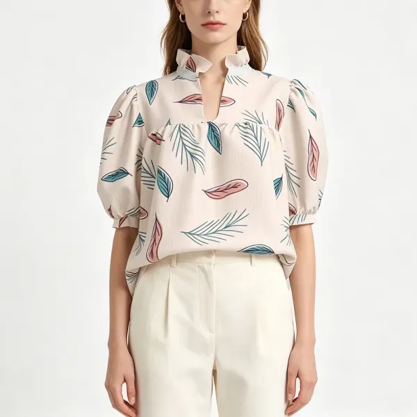 Women's Ruffle High Neck Puff Sleeve Top