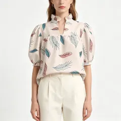 Women's Ruffle High Neck Puff Sleeve Top thumbnail 1