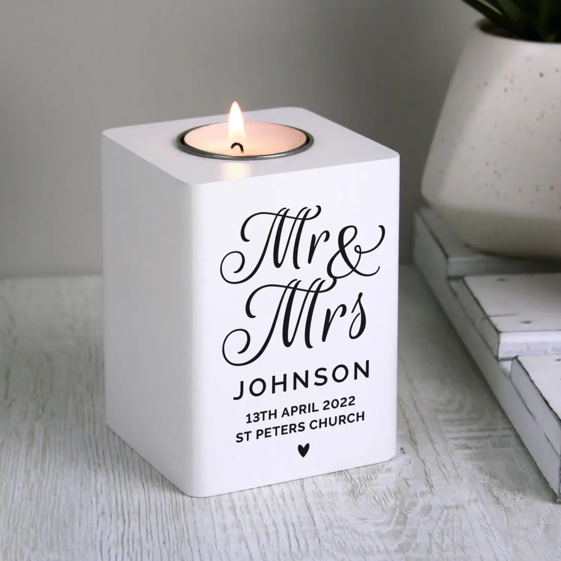 Mr and Mrs White Wooden Tea Light Holder, Personalised Wedding Keepsake Candle Holder — photo 3