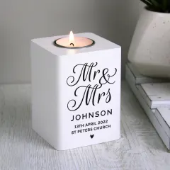 Mr and Mrs White Wooden Tea Light Holder, Personalised Wedding Keepsake Candle Holder thumbnail 3