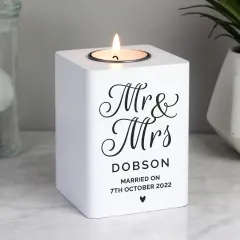 Mr and Mrs White Wooden Tea Light Holder, Personalised Wedding Keepsake Candle Holder thumbnail 4