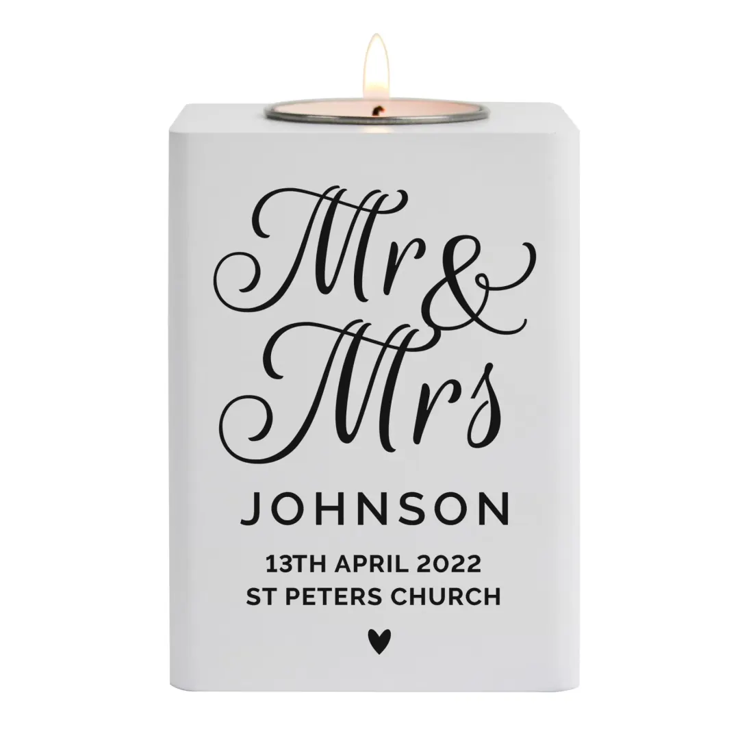 Mr and Mrs White Wooden Tea Light Holder, Personalised Wedding Keepsake Candle Holder — photo 5