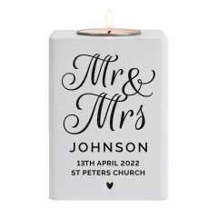 Mr and Mrs White Wooden Tea Light Holder, Personalised Wedding Keepsake Candle Holder thumbnail 5