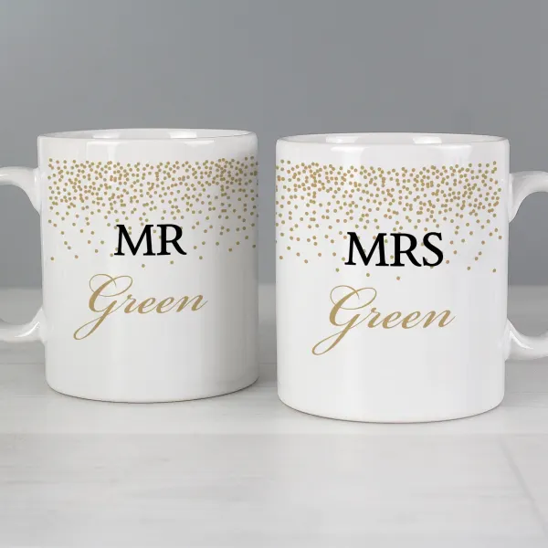 Personalised Gold Confetti Wedding Mug Set, Custom Mr and Mrs Ceramic Cups
