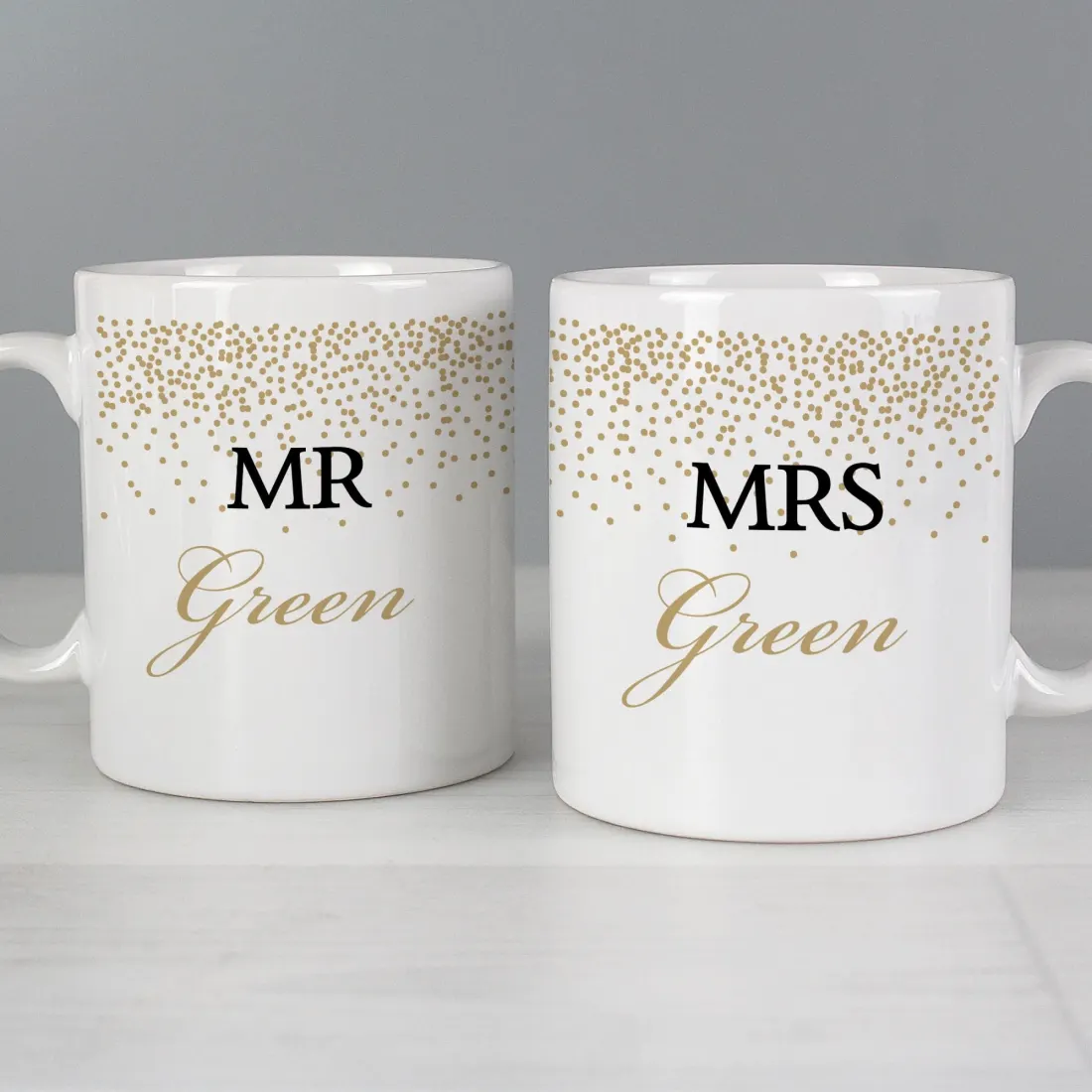 Personalised Gold Confetti Wedding Mug Set, Custom Mr and Mrs Ceramic Cups