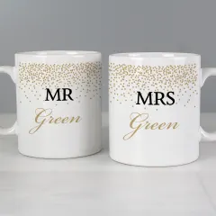 Personalised Gold Confetti Wedding Mug Set, Custom Mr and Mrs Ceramic Cups thumbnail 1