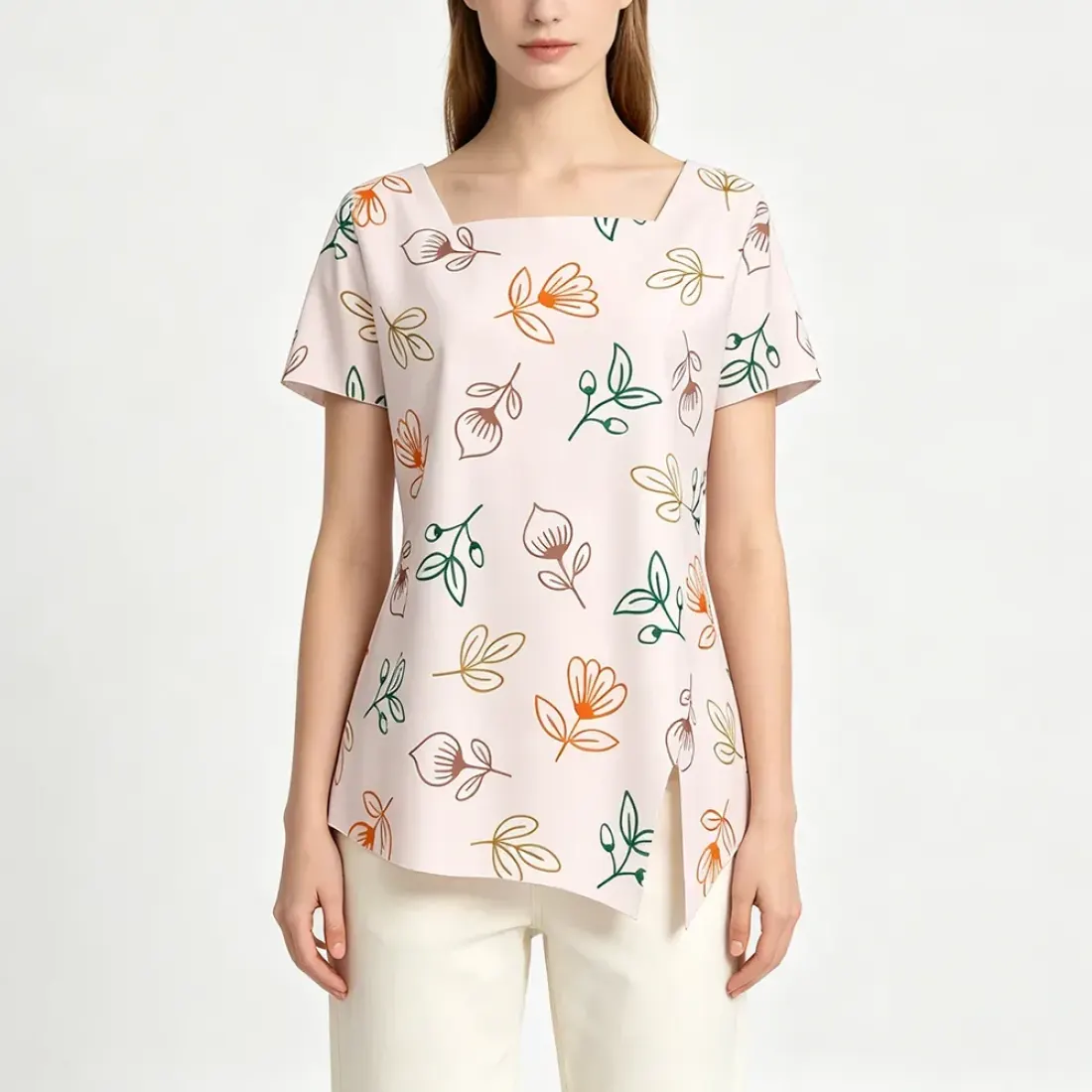 Women's Square Neck Asymmetrical Hem Short Sleeve T-Shirt