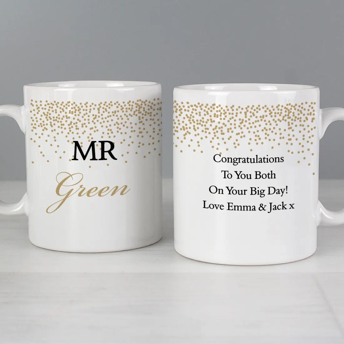 Personalised Gold Confetti Wedding Mug Set, Custom Mr and Mrs Ceramic Cups — photo 3