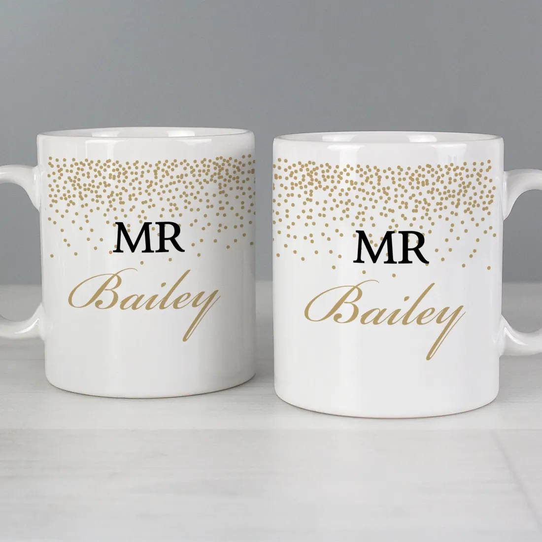 Personalised Gold Confetti Wedding Mug Set, Custom Mr and Mrs Ceramic Cups — photo 6