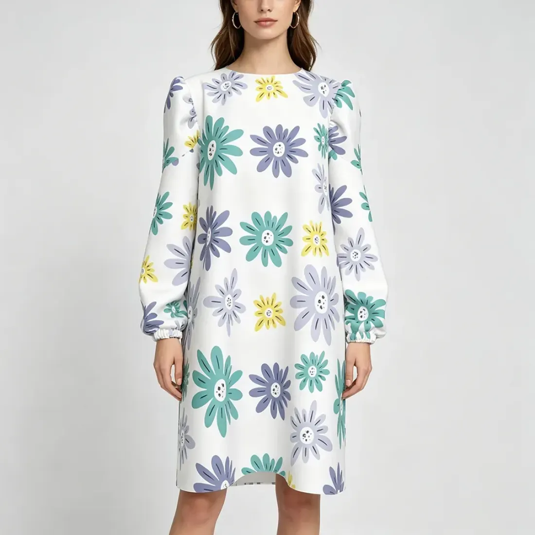 Women's Round Neck Puff Sleeve Long Sleeve Dress