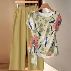 Women's Side-Tie Short Sleeve Top & Wide-Leg Pants Set thumbnail 1