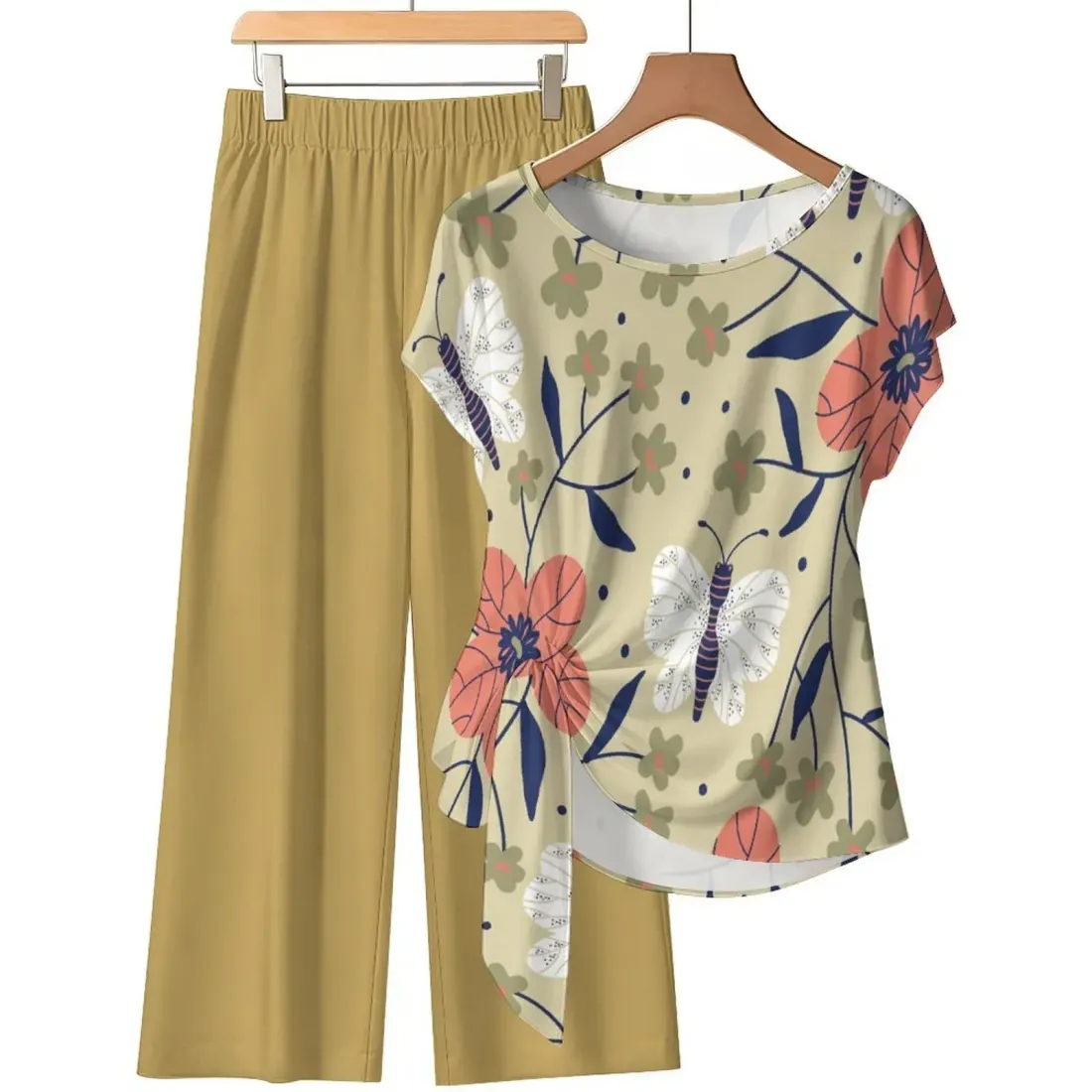 Women's Side-Tie Short Sleeve Top & Wide-Leg Pants Set — photo 2