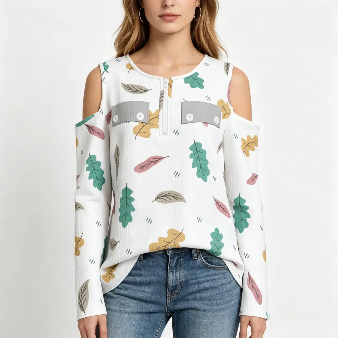 Women's Half Zip Cold Shoulder T-Shirt with Pockets