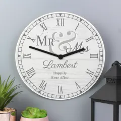 Personalised Wooden Clock, Custom Mr and Mrs Wedding Gift, Anniversary Keepsake, Rustic Home Decor thumbnail 1