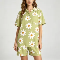 Women's V-Neck Short Sleeve Pajama Set with Chest Pocket thumbnail 1
