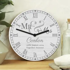 Personalised Wooden Clock, Custom Mr and Mrs Wedding Gift, Anniversary Keepsake, Rustic Home Decor thumbnail 3