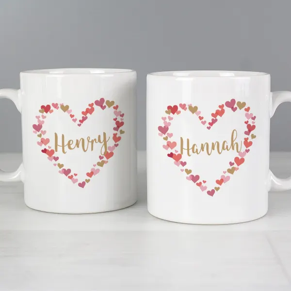 Custom Confetti Hearts Wedding Mug Set, Personalised Ceramic Cups for Newly Married Couple