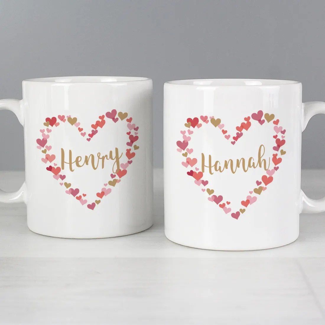 Custom Confetti Hearts Wedding Mug Set, Personalised Ceramic Cups for Newly Married Couple