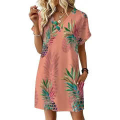 Women's Casual V-Neck Dress with Rolled Cuffs thumbnail 3