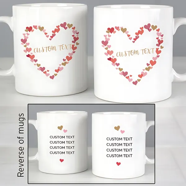 Custom Confetti Hearts Wedding Mug Set, Personalised Ceramic Cups for Newly Married Couple
