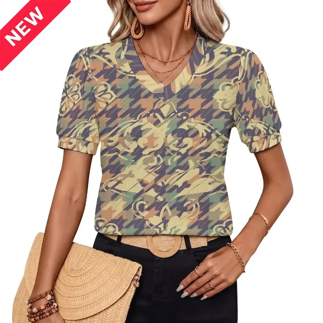 Women's V-Neck Puff-Sleeve T-Shirt