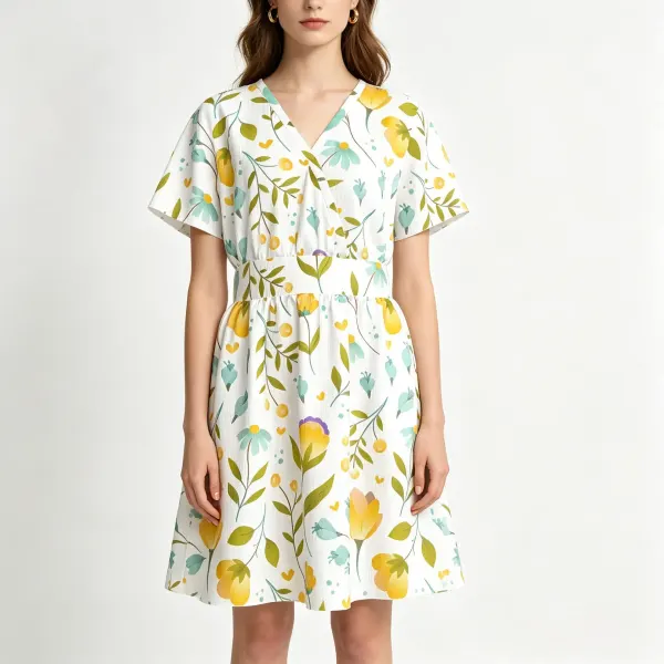 Women's V-Neck Short Sleeve Waist Dress
