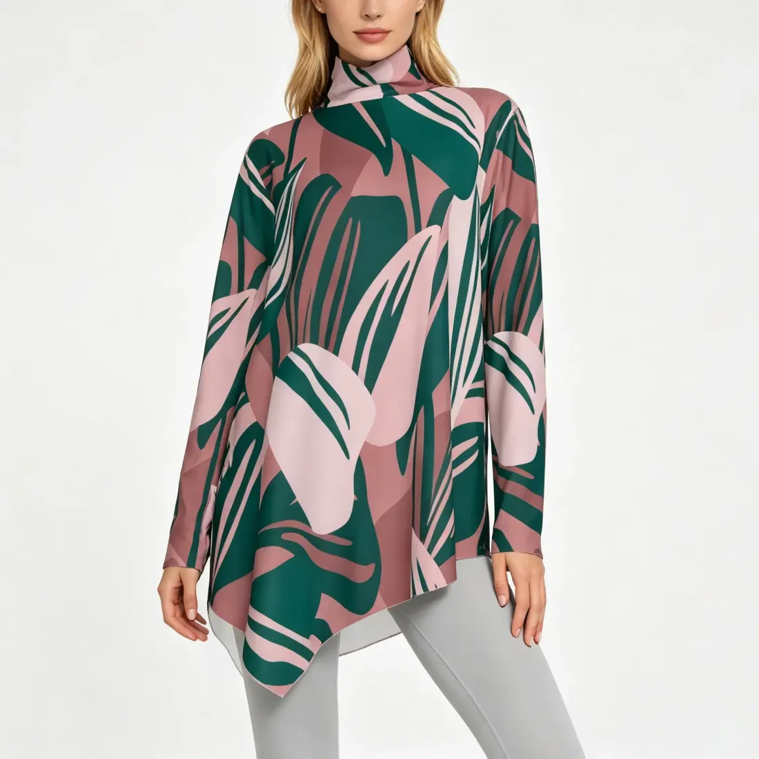 Women's High Neck Shirt with Irregular Hem