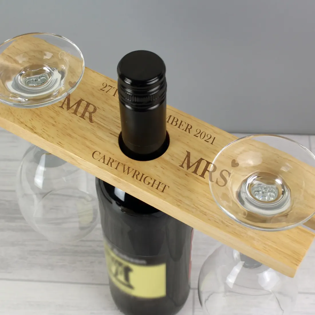 Wooden Wine Glass and Bottle Holder, Engraved Wedding Keepsake, Personalised Gifts