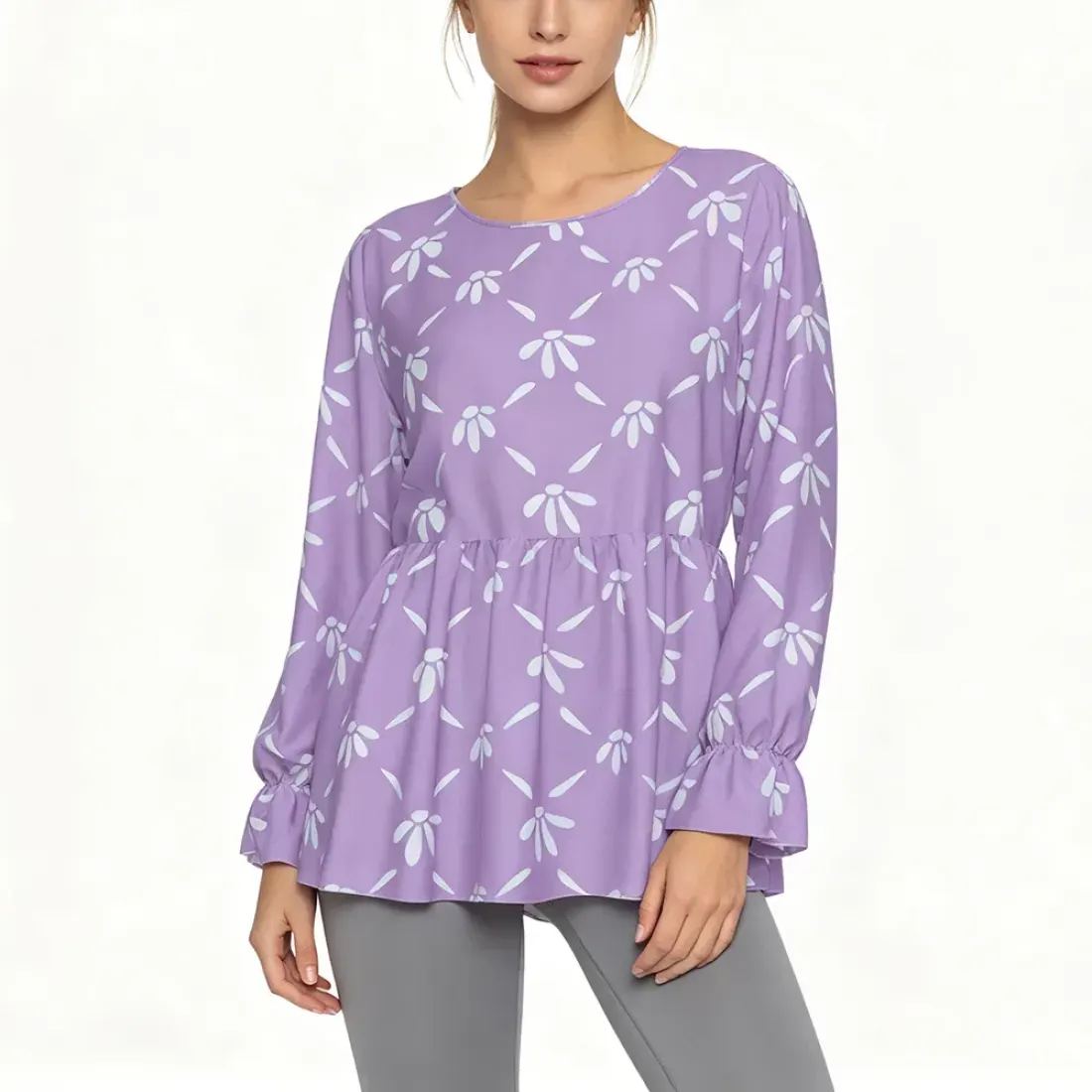 Women's Round Neck Smocked Waist Long Sleeve Shirt
