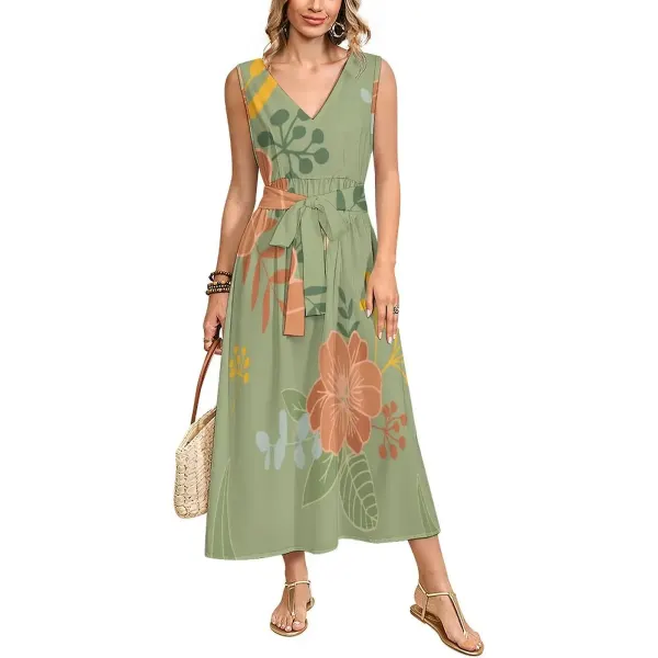 Women's Sleeveless V-Neck Belted Dress
