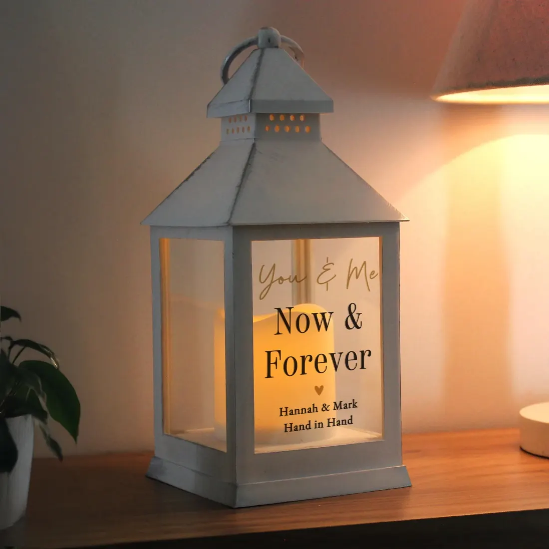 Personalised White Lantern, Black Gold Text, New Home Wedding Gift UK