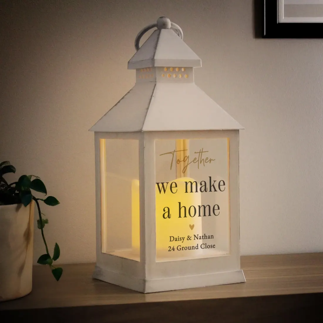 Personalised White Lantern, Black Gold Text, New Home Wedding Gift UK — photo 4