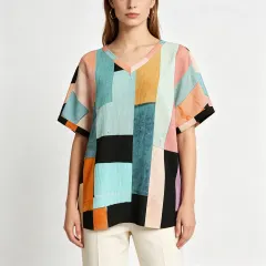 Women's Ribbed V-Neck Short Sleeve T-Shirt thumbnail 1