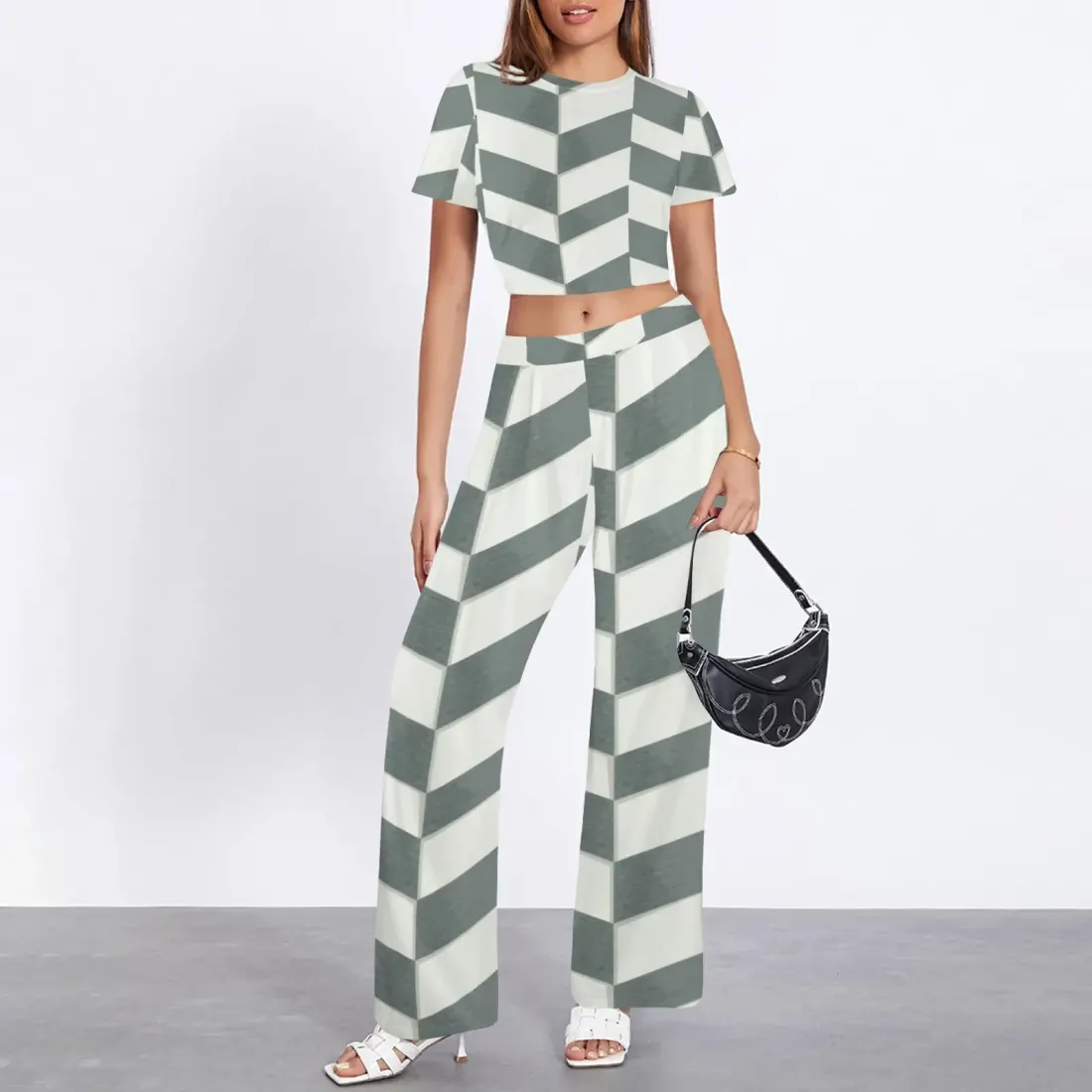 Crew Neck Short Sleeve Crop Top & Wide Leg Pants Set