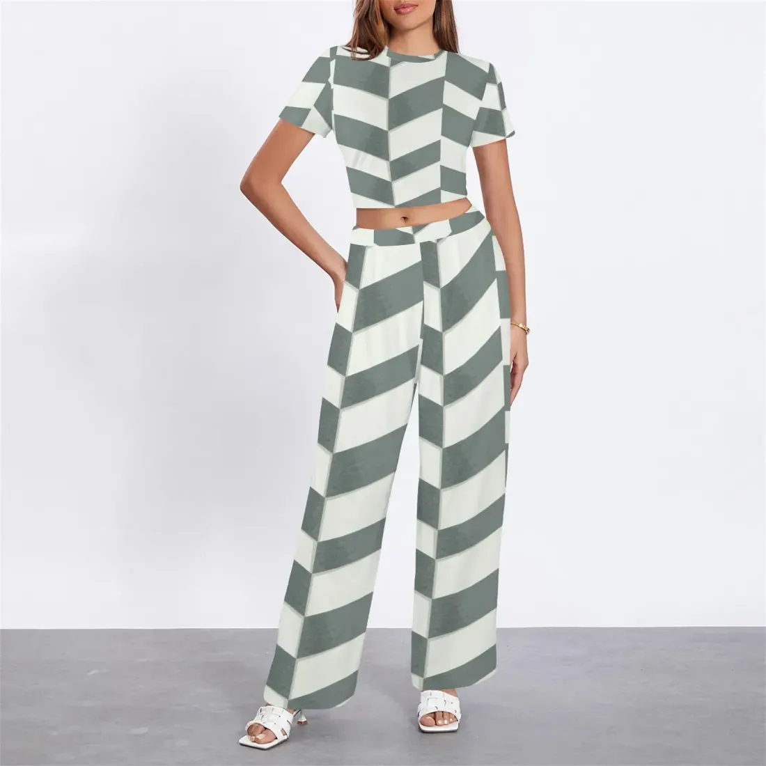 Crew Neck Short Sleeve Crop Top & Wide Leg Pants Set — photo 2
