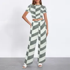 Crew Neck Short Sleeve Crop Top & Wide Leg Pants Set thumbnail 2