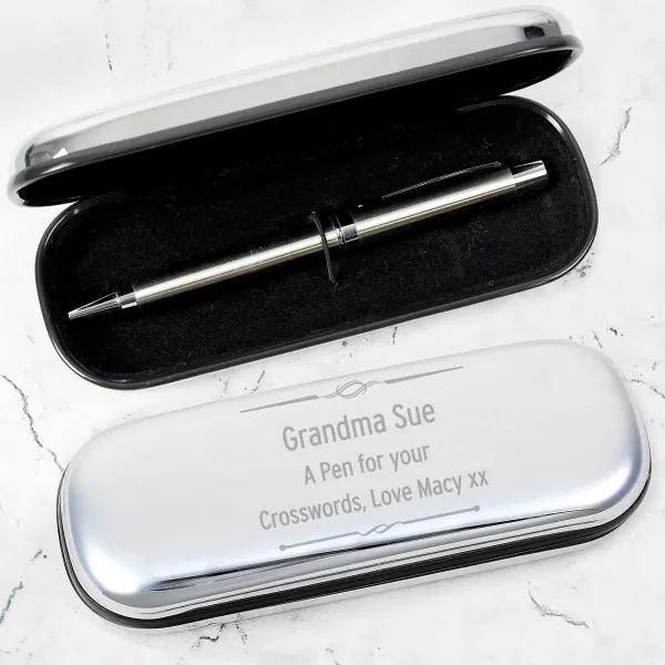 Personalised Scroll Ballpoint Pen with Engraved Silver Tone Gift Box
