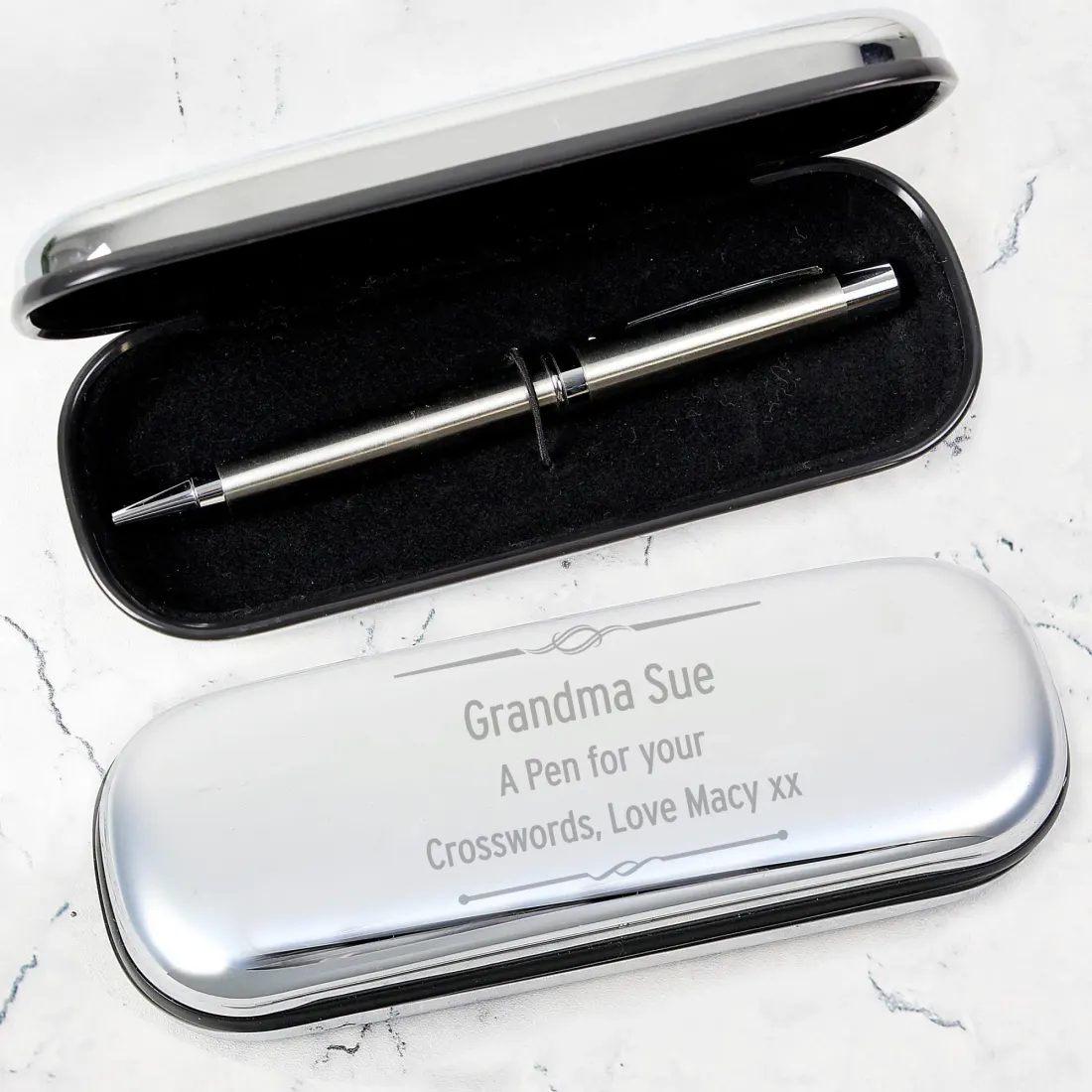 Personalised Scroll Ballpoint Pen with Engraved Silver Tone Gift Box