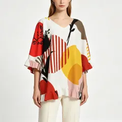 Women's V-Neck Short Sleeve Top with Ruffled Sleeves & Hem thumbnail 1