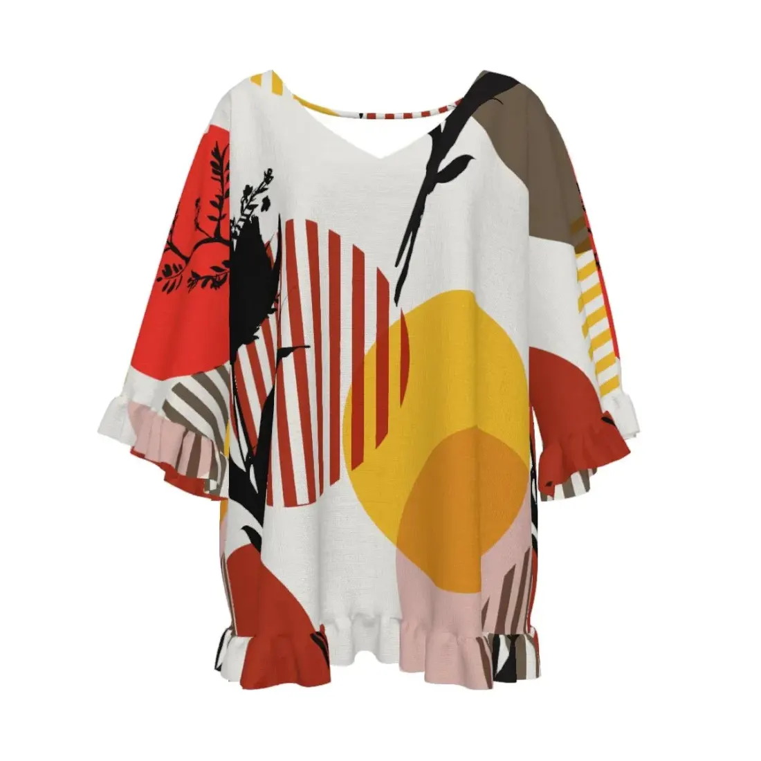 Women's V-Neck Short Sleeve Top with Ruffled Sleeves & Hem — photo 2