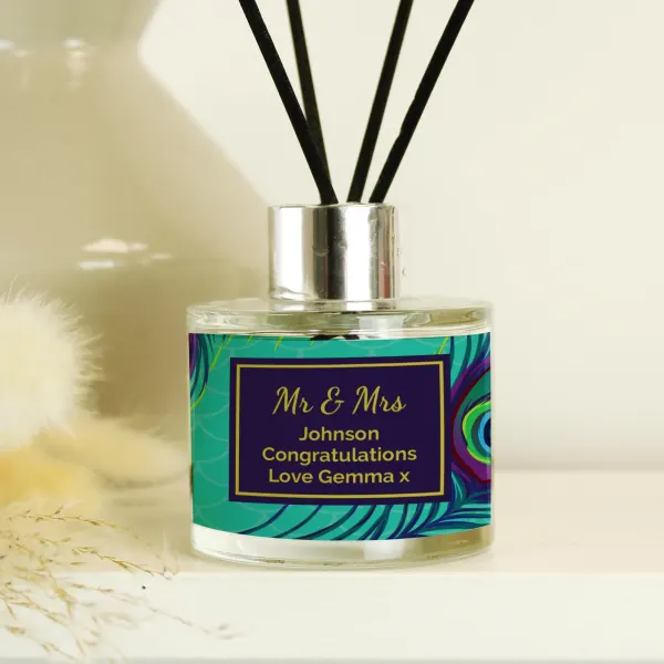 Personalised Peacock Reed Diffuser, Custom Text, Turquoise Label, Glass Bottle