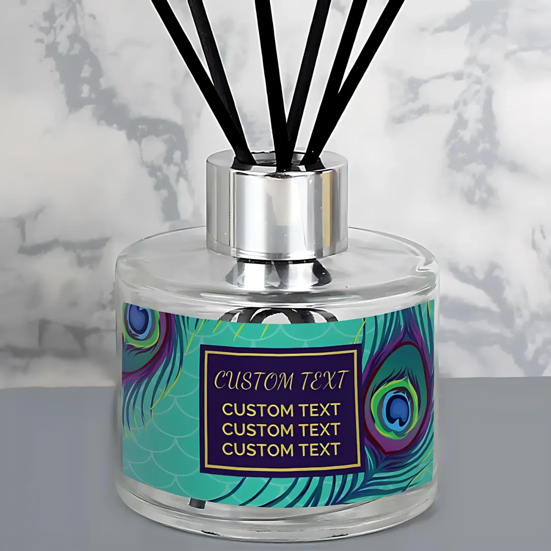 Personalised Peacock Reed Diffuser, Custom Text, Turquoise Label, Glass Bottle — photo 2